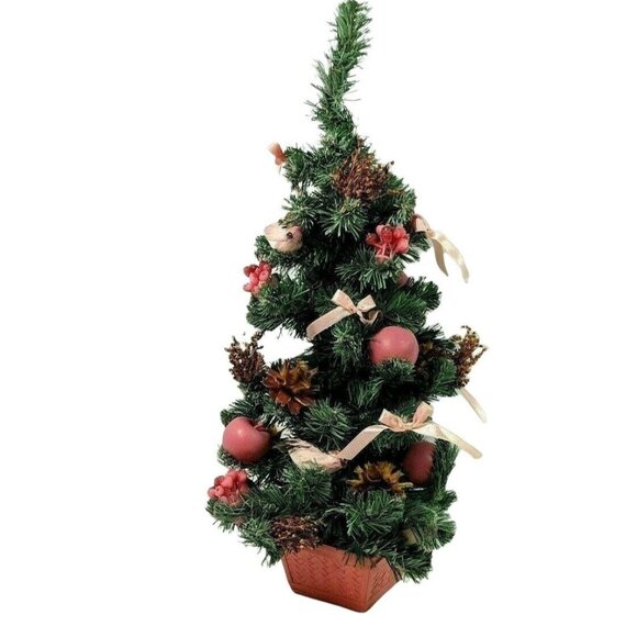 Miniature Christmas Tree In Red Basket W/ Pinecones Birds & Pink Ribbon Decor 20 - Picture 1 of 6